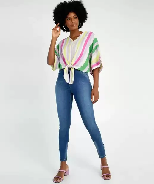 Blusa Feminina Listrada Amarração Manga 3/4 - Imagem 2