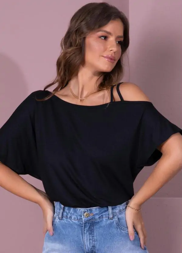 Blusa quintess Preta com Tiras no Ombro
