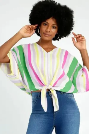 Blusa Feminina Listrada Amarração Manga 3/4