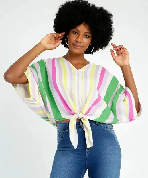 Blusa Feminina Listrada Amarração Manga 3/4
