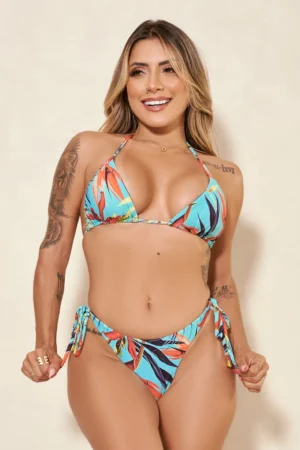 Biquíni Cortininha Levanta Bumbum com Bojo Floral Azul