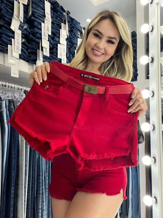 Short Jeans Feminino Colors Collection – Vermelho – Models – SH050 - Imagem 4