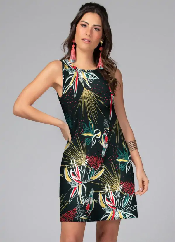Vestido Curto Floral Preto sem Mangas